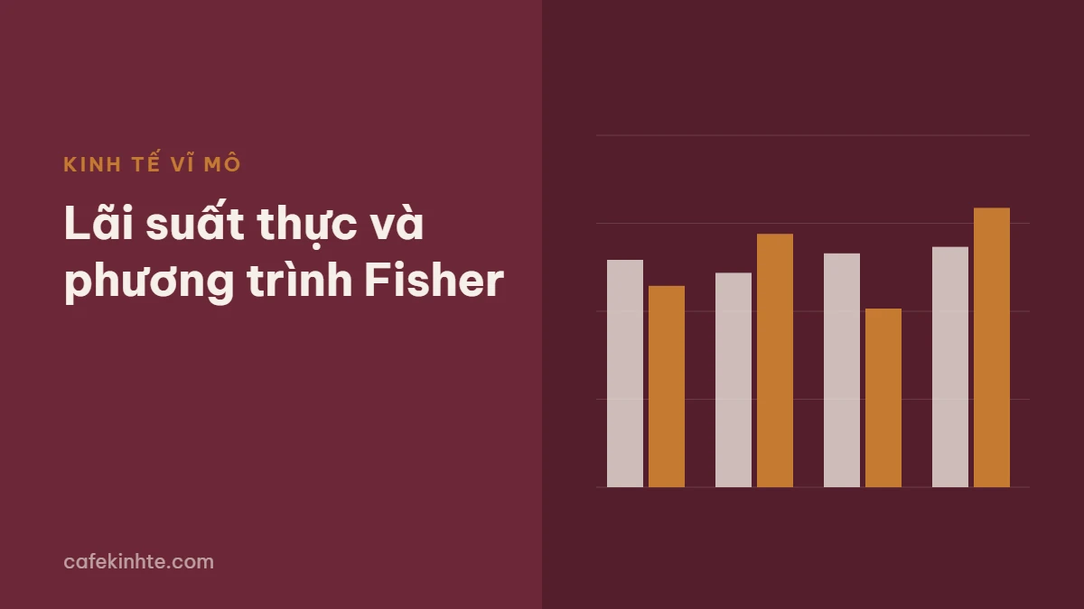 Ảnh nền đỏ rượu với tiêu đề Lãi suất thực và phương trình Fisher, bên phải là biểu đồ cột so sánh lãi suất danh nghĩa và lãi suất thực ở các mức lạm phát