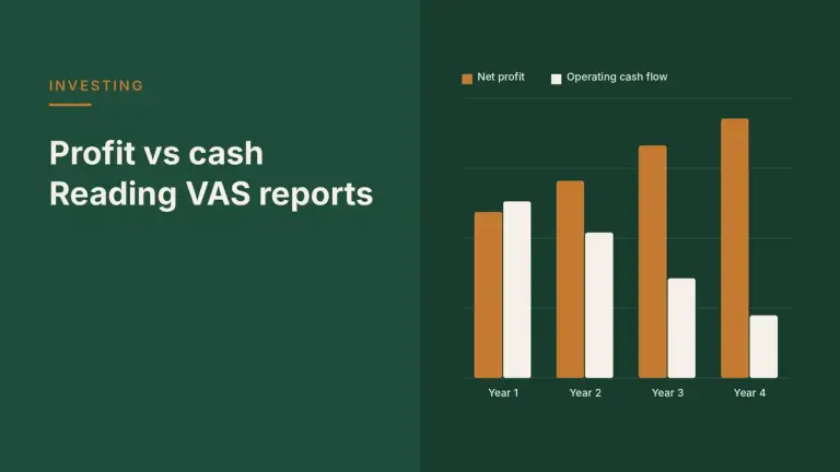 Bar chart comparing net profit and operating cash flow of fictional Minh Phat JSC over four years, in VND billion, with cash flow falling as profit rises.